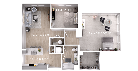 Floor plan for 2 beds, 1 bath, 1140 sqft